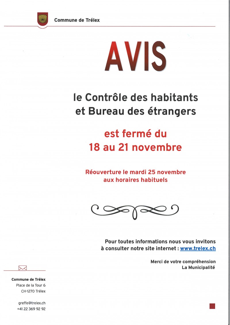Fermeture du Contrôle des habitants et bureau des étrangers