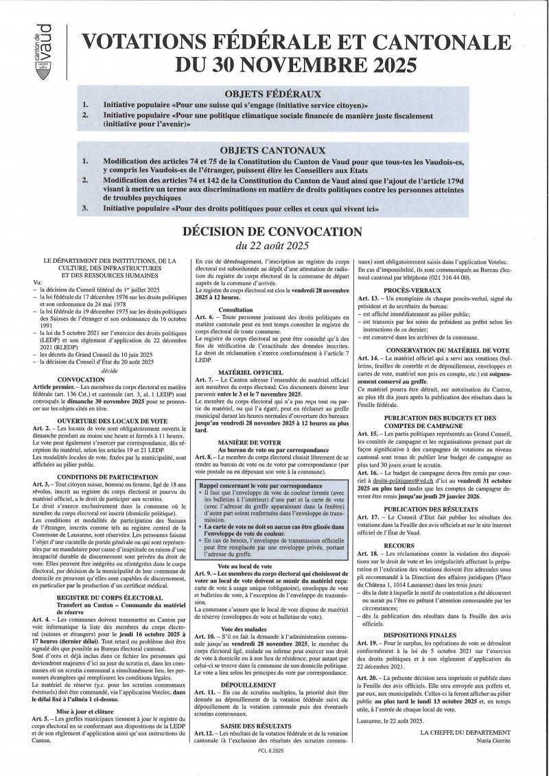 Votations fédérale et cantonale du 30 novembre 2025